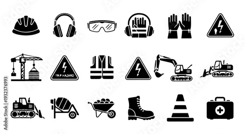 Set of 20 Construction Safety and Heavy Equipment Icons Vector
