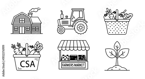 Set of 6 Farm and Agriculture Line Icons Vector