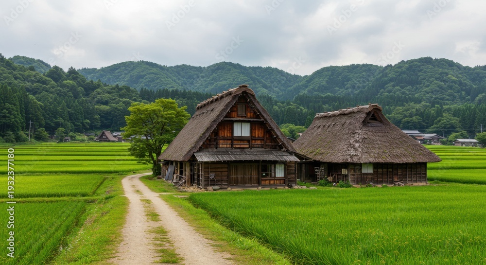 Obraz premium 日本の合掌造りの家と田んぼの風景
