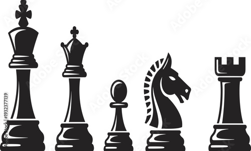 Black and white chess pieces set including king, queen, bishop, knight and rook isolated on white background, strategic board game concept illustration