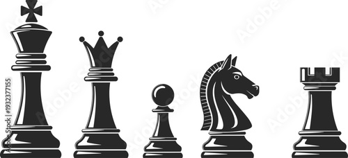 Black and white chess pieces silhouette set with king, queen, bishop, knight and rook isolated on white background, strategy board game illustration
