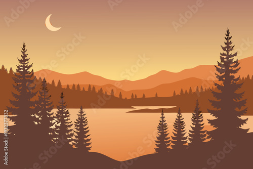 Silhouette Trees Lakeside Mountains Crescent Moon Sunset Warm Tones Stock Illustration