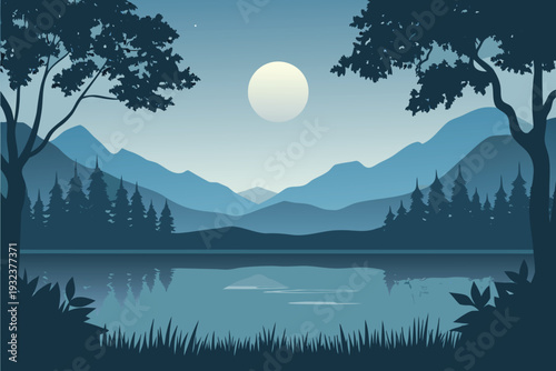 Silhouette Trees and Mountains Reflecting in Lake Under Full Moon