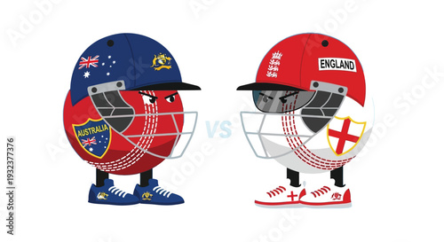 Two anthropomorphic cricket balls wearing national team helmets face off in a fierce sports rivalry illustration