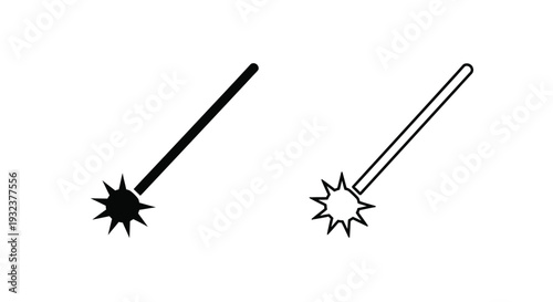 Two black and white depictions of wizard wands with star shaped tips