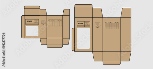Boxer Underwear Packaging Box Die line Template with Window and Size Chart.