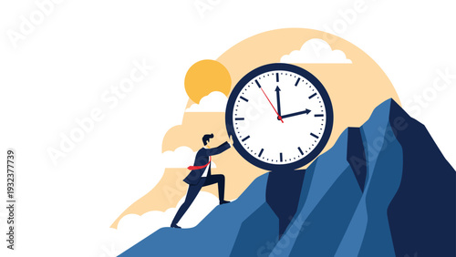 Persistent businessman pushes a giant clock up a steep mountain slope to represent time management and meeting tight deadlines.