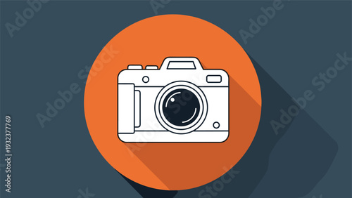 Flat design icon of a white digital camera is displayed on a bright orange circular background with a long diagonal shadow.