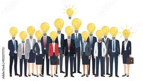 Diverse group of professional business people standing together with glowing lightbulbs instead of heads symbolizing new ideas.