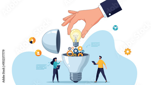 Giant hand places a glowing lightbulb into a base as small workers collaborate on creative engineering and innovation projects.