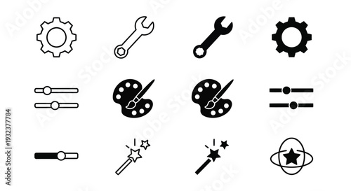 Collection of black and white icons representing tools gears and art supplies