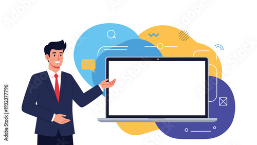 Professional businessman presenting a blank laptop screen for copy space with colorful abstract geometric background.