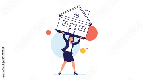 Determined businesswoman carrying a large model house on her shoulders representing the burden of a heavy home mortgage.