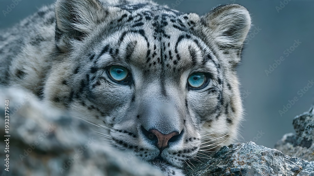 Fototapeta premium Snow Leopard Portrait with Piercing Blue Eyes