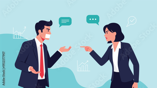 Professional man and woman in business attire having an intense argument with speech bubbles and analytical graphs.