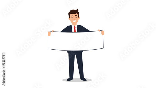 Smiling businessman in a dark suit holding a large blank white horizontal banner for advertisement or message display.