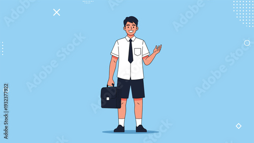 Young student or schoolboy dressed in a white shirt and black shorts holding a black briefcase against a blue background.