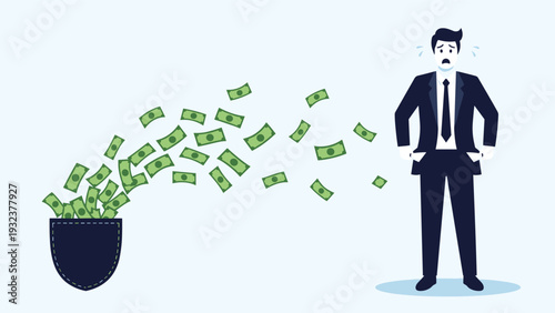 Businessman looking sad with empty pockets while money bills fly away into a large dark hole or pocket in the ground.