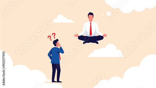 Surprised businessman looking up at a coworker floating in the air in a meditation pose representing enlightenment.