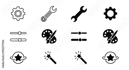 Black and white icons depicting tools gears and artistic elements