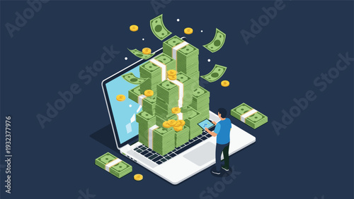 Tiny man standing on a laptop keyboard looking at massive stacks of money and flying bills in an isometric view.