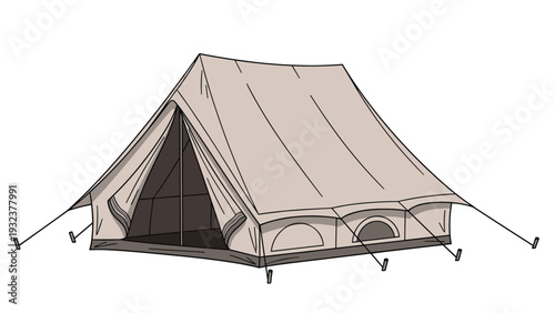 Hand drawn style illustration of a classic canvas camping tent with pegs and ropes against a white background.