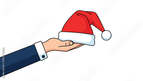Human hand in a professional blue suit sleeve holding a red and white Santa Claus hat against a plain white background.
