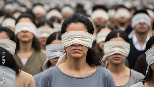Group of blindfolded people standing together, focused on one woman with open mouth.