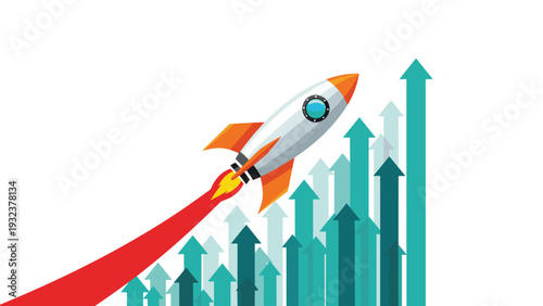 Space rocket launching upwards over a series of rising green arrows representing rapid growth and business startup.