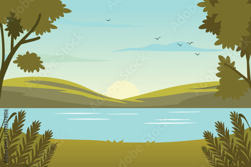Sunrise over rolling hills and calm lake with birds flying vector illustration