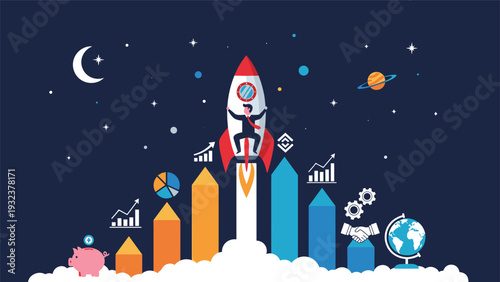 Space rocket launching into the night sky over business growth icons like money, globes, gears, and bar charts.