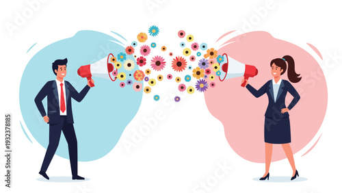 Businessman and businesswoman facing each other using megaphones to blow colorful flowers instead of loud words.