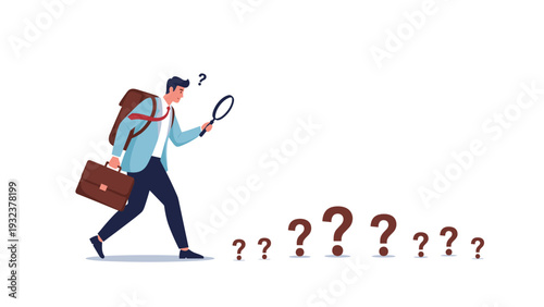Concerned businessman with a briefcase using a magnifying glass to inspect a series of floating question marks.
