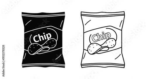 Black and white line art illustration of two chip bags with potato chips