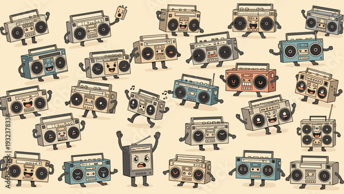 Collection of colorful cartoon boomboxes with funny faces and limbs dancing and listening to music in a retro hip hop style background.