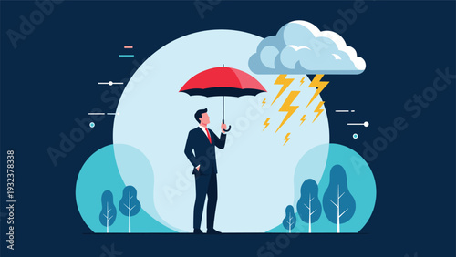 Confident businessman standing under a red umbrella while a thunderstorm with lightning flashes occurs nearby against a circular moonlit backdrop.