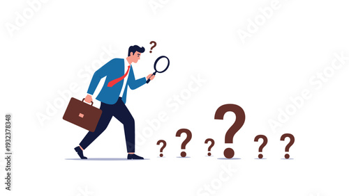 Curious businessman in a suit holding a magnifying glass to inspect a trail of question marks representing research and problem solving.
