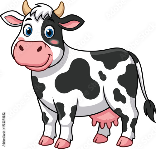 Vector illustration of a cute black and white spotted cartoon cow standing with a friendly smile on a white background.