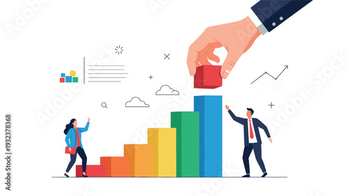 Giant hand placing a final red block on a rising colorful bar chart while small business people watch the progress and success unfold.