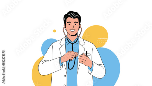 Friendly male doctor in a white lab coat smiling while using a stethoscope to listen to his own heart against a colorful abstract background.