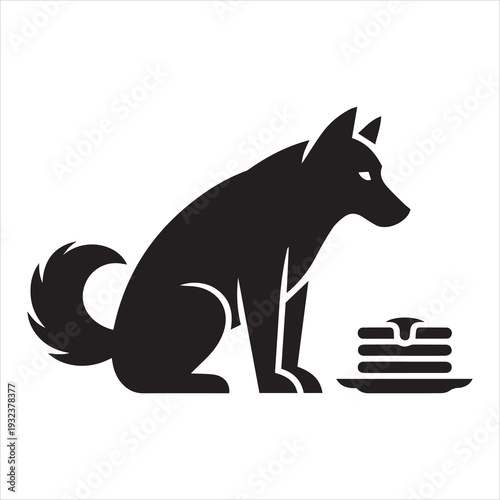 Minimalist dog silhouette sitting next to stack of pancakes breakfast illustration