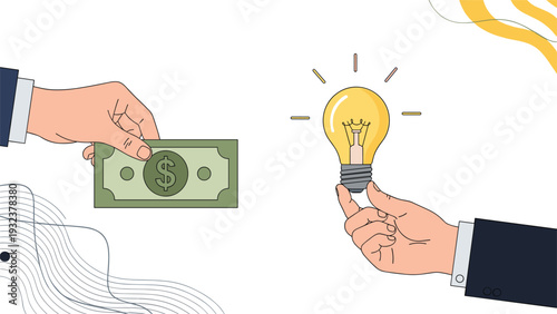 Conceptual illustration of a hand exchanging paper money for a glowing light bulb representing the purchase or investment in a new idea.
