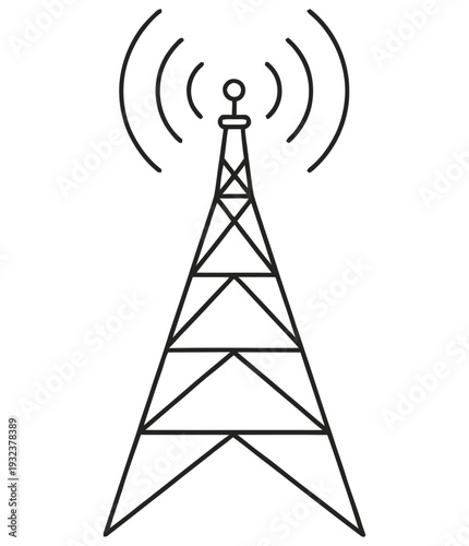 Vector of a tall radio broadcasting tower emitting signals through concentric curved lines emanating from the top