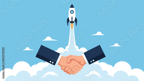 Two business hands shaking in agreement while a space rocket launches into the sky above clouds representing a successful partnership or deal.