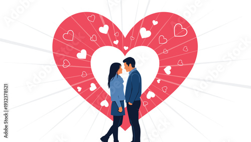 Romantic silhouette of a couple standing and looking at each other in front of a large radiant red heart symbol for valentines day.