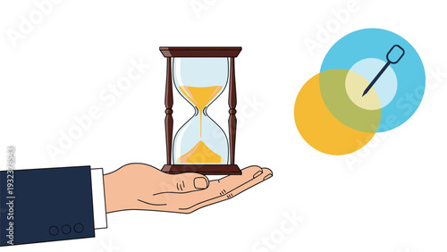 Professional hand holding a large vintage hourglass next to a colorful target symbol representing time management and deadlines.