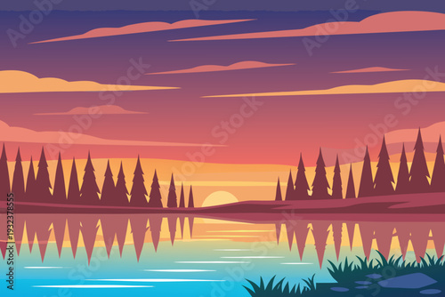 Sunset over calm lake with pine trees reflected in water vibrant sky