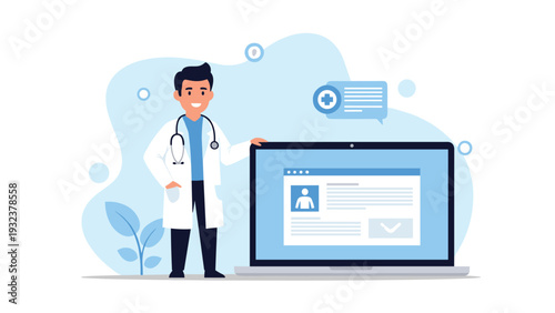 Smiling male doctor in a white lab coat standing next to a large laptop displaying a medical profile and healthcare information.