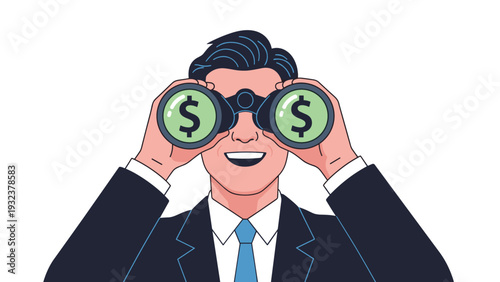 Enthusiastic businessman looking through binoculars with green lenses and white dollar signs representing financial vision and profit hunting.