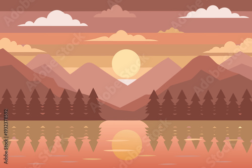 Sunset Over Mountains and Lake with Pine Trees Reflection Flat Design Stock Illustration